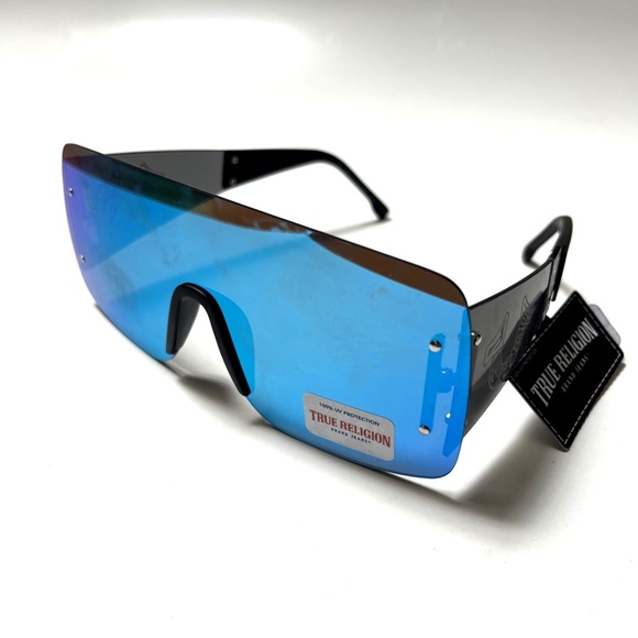 New Original TRUE RELIGION Shield Sunglasses Iridescent Acetate Rimless Blue